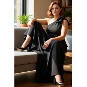 Kadın Siyah Dokuma Asimetrik Yaka Maxi Elbise Büyük Beden Tek Omuz Detaylı Abiye Şıklığı Kaliteli