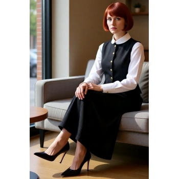 Kadın Siyah Dokuma Shift Kalıp Maxi Jile Elbise Gold Düğme Detaylı Bisiklet Yaka Kış Sezonu Şıklığı