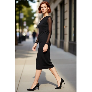 Kadın Siyah Düz Astarlı Midi Boy Bodycon Asimetrik Yaka Uzun Tül Kol Örme Elbise Şık Kışlık