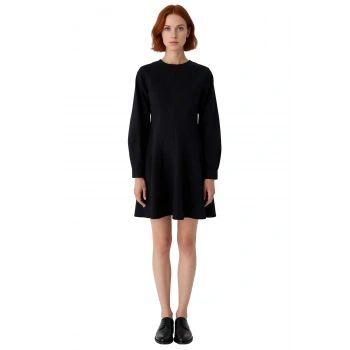 Kadın Siyah Düz Desen A Line Mini Elbise Doğal Pamuklu Denim Kumaş Bisiklet Yaka Uzun Kol Kaliteli