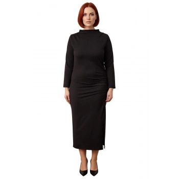 Kadın Siyah Düz Desen Dik Yaka Maxi Boy Yırtmaç Detaylı Uzun Yarasa Kol Büyük Beden Örgü Elbise