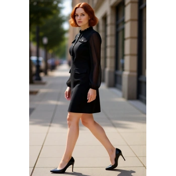 Kadın Siyah Düz Desenli A Line Tüvit Dokuma Şifon Balon Kol Dik Yaka Mini Elbise İlkbahar Sonbahar