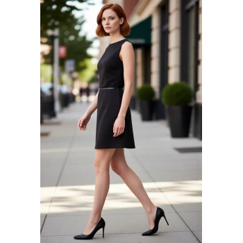 Kadın Siyah Düz Kemerli Mini A Line Kolsuz Bisiklet Yaka Örme Elbise Şık Kış Davetleri İçin İdeal