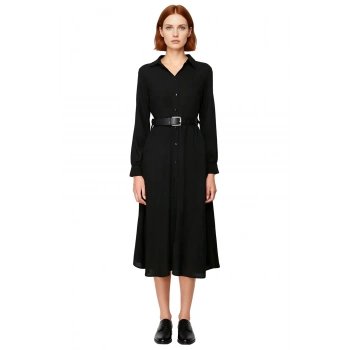 Kadın Siyah Düz Kruvaze Yaka Kemerli Midi Gömlek Elbise ile Gündüzden Geceye Zarafet. Kaliteli