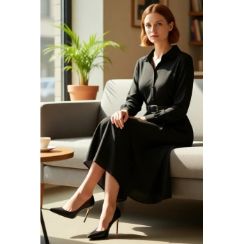 Kadın Siyah Düz Kruvaze Yaka Kemerli Midi Gömlek Elbise ile Gündüzden Geceye Zarafet. Kaliteli