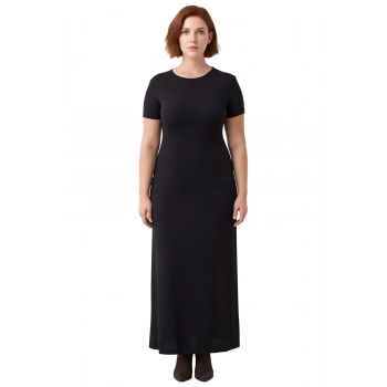 Kadın Siyah Düz Örme Bisiklet Yaka Kısa Kol Maxi Elbise Esnek Vücuda Oturan İlkbahar Sonbahar