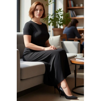 Kadın Siyah Düz Örme Bisiklet Yaka Kısa Kol Maxi Elbise Esnek Vücuda Oturan İlkbahar Sonbahar