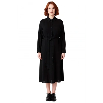 Kadın Siyah Düz Viskoz Dokuma Midi Boy Gömlek Elbise Kuşaklı Tasarımıyla Çok Yönlü Şıklık Kaliteli