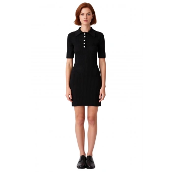 Kadın Siyah Fitilli Triko Kumaş Kısa Kollu Polo Yaka A Line Mini Elbise Günlük Rahat Kombin