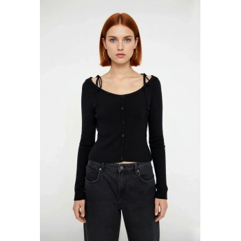 Kadın Siyah Fitted Kayık Yaka Crop Triko Hırka İnce Düşük Kol Uzun Kollu Basic Şık Tasarım