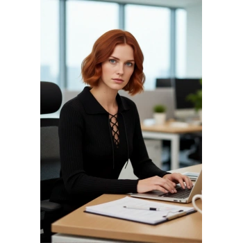 Kadın Siyah Fitted Triko Bluz Polo Yaka Bağlamalı Detaylı Kış Sonbahar Şıklığının Anahtarı