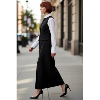 Kadın Siyah Gold Düğme Detaylı Maxi Jile Elbise Dokuma Kumaş Bisiklet Yaka Kolsuz Shift Kalıp Günlük