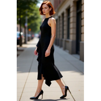 Kadın Siyah Halter Yaka Volanlı Midi Abiye Elbise Vücudu Saran Balık Kesim Şıklığı Yansıtır