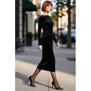 Kadın Siyah Kadife Bodycon Büzgülü Kayık Yaka Uzun Kollu Midi Elbise Şık Kışlık Davet İçin Harika