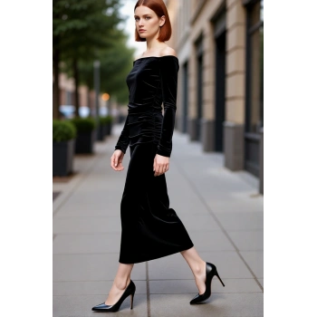 Kadın Siyah Kadife Bodycon Carmen Yaka Uzun Kollu Şık Gece Midi Abiye Elbisesi Özel Davetler İçin