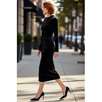 Kadın Siyah Kadife Bodycon Midi Elbise Polo Yaka Uzun Kollu Büzgülü Modern Kış Şıklığı Kaliteli
