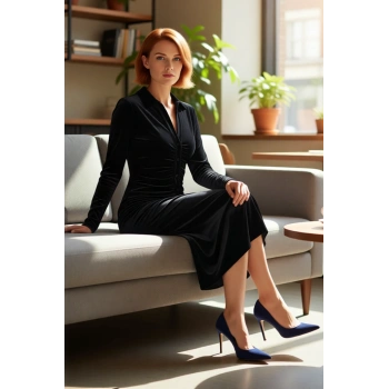 Kadın Siyah Kadife Midi Bodycon Elbise Polo Yaka Uzun Kol Büzgü Detaylı Smart Casual Stili