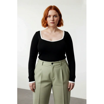 Kadın Siyah Kare Yaka Bodycone Fitted İnce Triko Kazak Standart Kol Günlük Şıklık İçin İdeal