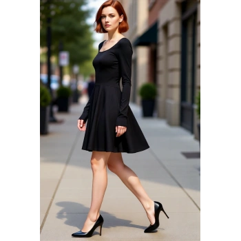 Kadın Siyah Kare Yaka Uzun Kollu Skater Mini Elbise Düz Desen Kış Koleksiyonu Şık Gündüz Gece
