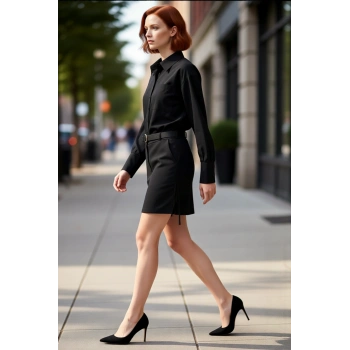 Kadın Siyah Kemerli Mini Gömlek Elbise Polyester Karışımlı Uzun Yarasa Kol Kış Gündüz Gece