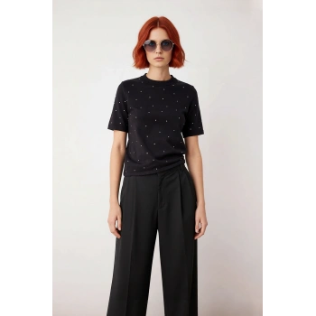 Kadın Siyah Kısa Kollu Taş İşlemeli Bisiklet Yaka Regular Kalıp Triko Kazak İlkbahar Sonbahar