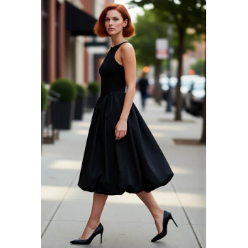 Kadın Siyah Kolsuz Halter Yaka Midi Boy Balon Etekli Şık Poplin Abiye Özel Gün Elbisesi Kaliteli