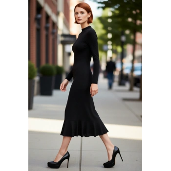 Kadın Siyah Maxi Dik Yaka Uzun Kollu A Line Fırfırlı Etekli Sırt Dekolteli Örme Elbise Kaliteli
