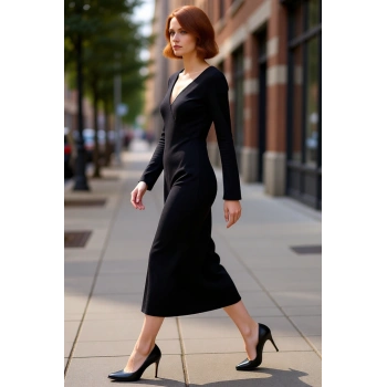 Kadın Siyah Maxi Kruvaze Yaka İnce Triko Elbise Günlük Kullanım İçin Shift Kalıp Standart Kol