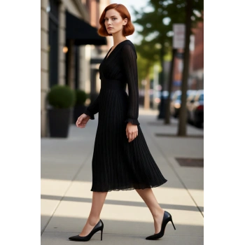 Kadın Siyah Midi Boy Kruvaze Yaka Piliseli A Kesim Kuşaklı Astarlı Polyester Uzun Kol Elbise