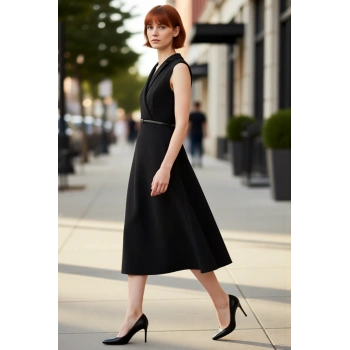 Kadın Siyah Midi Skater Elbise Kemerli Ceket Yaka Tasarımıyla İş Ortamına Uygun Şık Ve Modern Bir