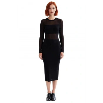 Kadın Siyah Midi Triko Elbise Transparan Detaylı Bodycon Kalıp Uzun Kollu Şık Bisiklet Yaka Günlük