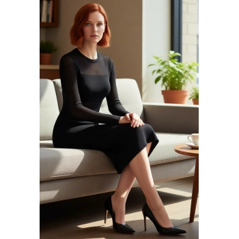 Kadın Siyah Midi Triko Elbise Transparan Detaylı Bodycon Kalıp Uzun Kollu Şık Bisiklet Yaka Günlük