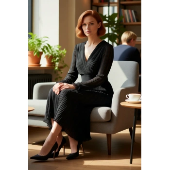 Kadın Siyah Piliseli Şifon Elbise Midi Boy Kruvaze Yaka Kuşaklı Astarlı Uzun Standart Kol Kaliteli