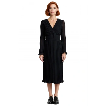 Kadın Siyah Piliseli Şifon Elbise Midi Boy Kruvaze Yaka Kuşaklı Astarlı Uzun Standart Kol Kaliteli