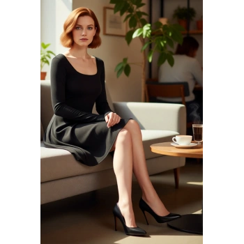 Kadın Siyah Polyester Karışımlı Kare Yaka Uzun Kollu Mini Skater Örme Elbise Kışlık Şık Kaliteli