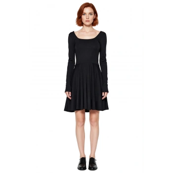 Kadın Siyah Polyester Karışımlı Kare Yaka Uzun Kollu Mini Skater Örme Elbise Kışlık Şık Kaliteli