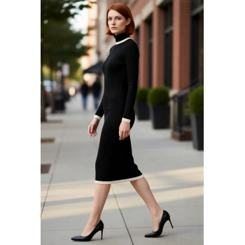 Kadın Siyah Renk Bloklu Balıkçı Yaka Midi Triko Elbise Şık Ve Konforlu Kışlık Günlük Giyim