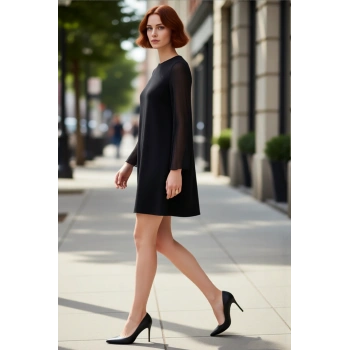 Kadın Siyah Shift Kalıp Dokuma Detaylı Bisiklet Yaka Scuba Krep Mini Örme Elbise Kışa Uygun