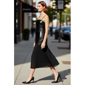 Kadın Siyah Shift Kalıp Suni Deri Üst Şifon Plise Maxi Elbise Şık Gece Kombinleri İçin İdeal