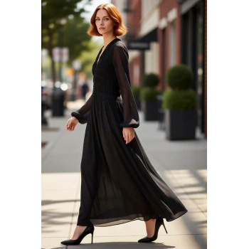 Kadın Siyah Şifon Dokuma Maxi Elbise Büzgü Detaylı V Yaka Astarlı Skater Kalıp Kışlık Şıklık