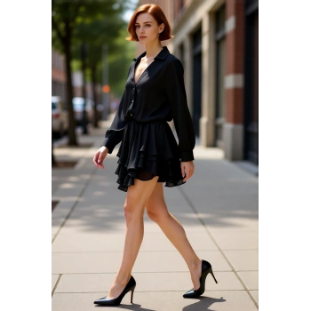 Kadın Siyah Şifon Gömlek Yaka Mini Elbise Düşük Kol Detaylı Günlük Kullanım İçin İdeal Kışlık