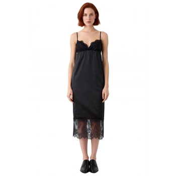 Kadın Siyah Şık Saten Midi Askılı Elbise Dantel Detaylarıyla Gecelerin Parlayan Yıldızı Olun