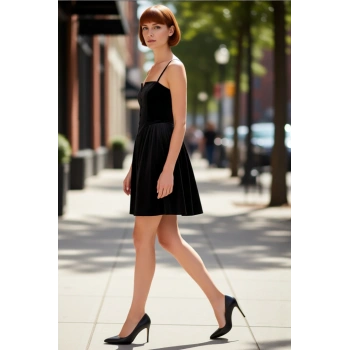 Kadın Siyah Skater Askılı Straplez Yaka Düğmeli Kadife Mini Elbise Şık Kokteyl Davetleri İçin İdeal