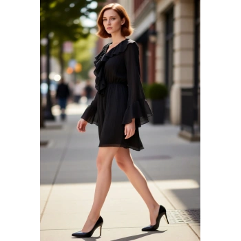 Kadın Siyah Skater Elbise V Yaka Fırfır Detaylı Uzun Kollu Dokuma Kumaş Astarlı Mini Boy Kaliteli
