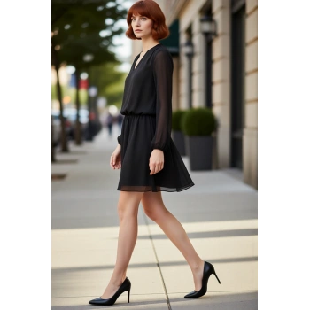 Kadın Siyah Skater Kesim V Yaka Uzun Balon Kol Şifon Mini Elbise Gündüzden Geceye Zarafet Kaliteli