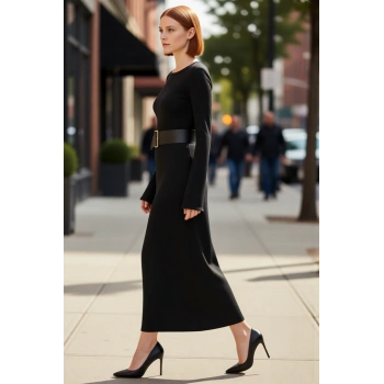 Kadın Siyah Triko Maxi Elbise Havuz Yaka A Kesim Kemerli Uzun Kollu Şık Günlük Kombinler İçin İdeal