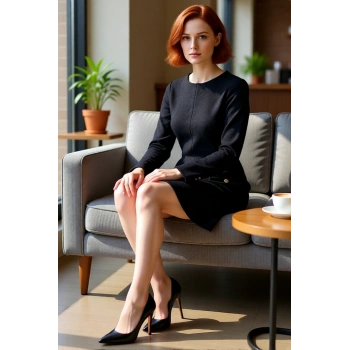 Kadın Siyah Tüvit Örme Shift Mini Elbise Uzun Kollu Bisiklet Yaka Cep Detaylı Soğuk Havalar İçin