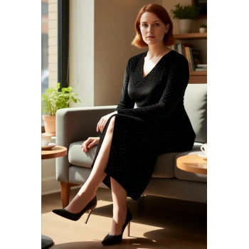 Kadın Siyah Uzun Kollu Midi Boy Kruvaze Yaka Parti Büyük Beden A Line Örme Elbise Kaliteli