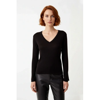 Kadın Siyah V Yaka Triko Kazak Regular Kalıp Standart Kol Günlük Şıklık Sunan Basic Tasarım