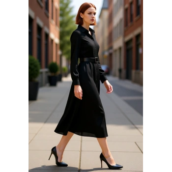 Kadın Siyah Viskoz Dokuma Midi Gömlek Elbise Kemerli Düğmeli Detayları ile Şık ve Rahat. Kaliteli